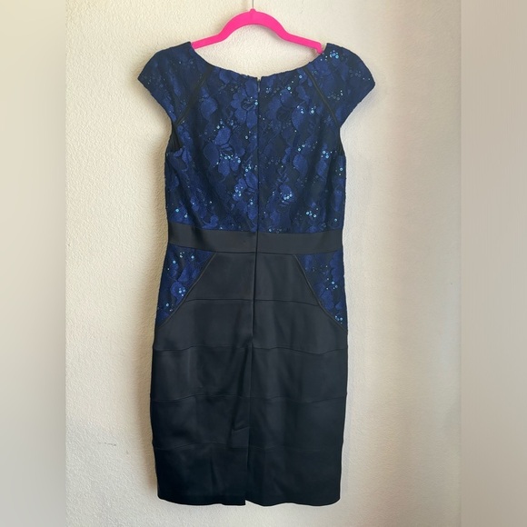 JAX Navy Black Sequin Lace Structured Cap Sleeve Knee Length Cocktail Dress 10 - Picture 11 of 12